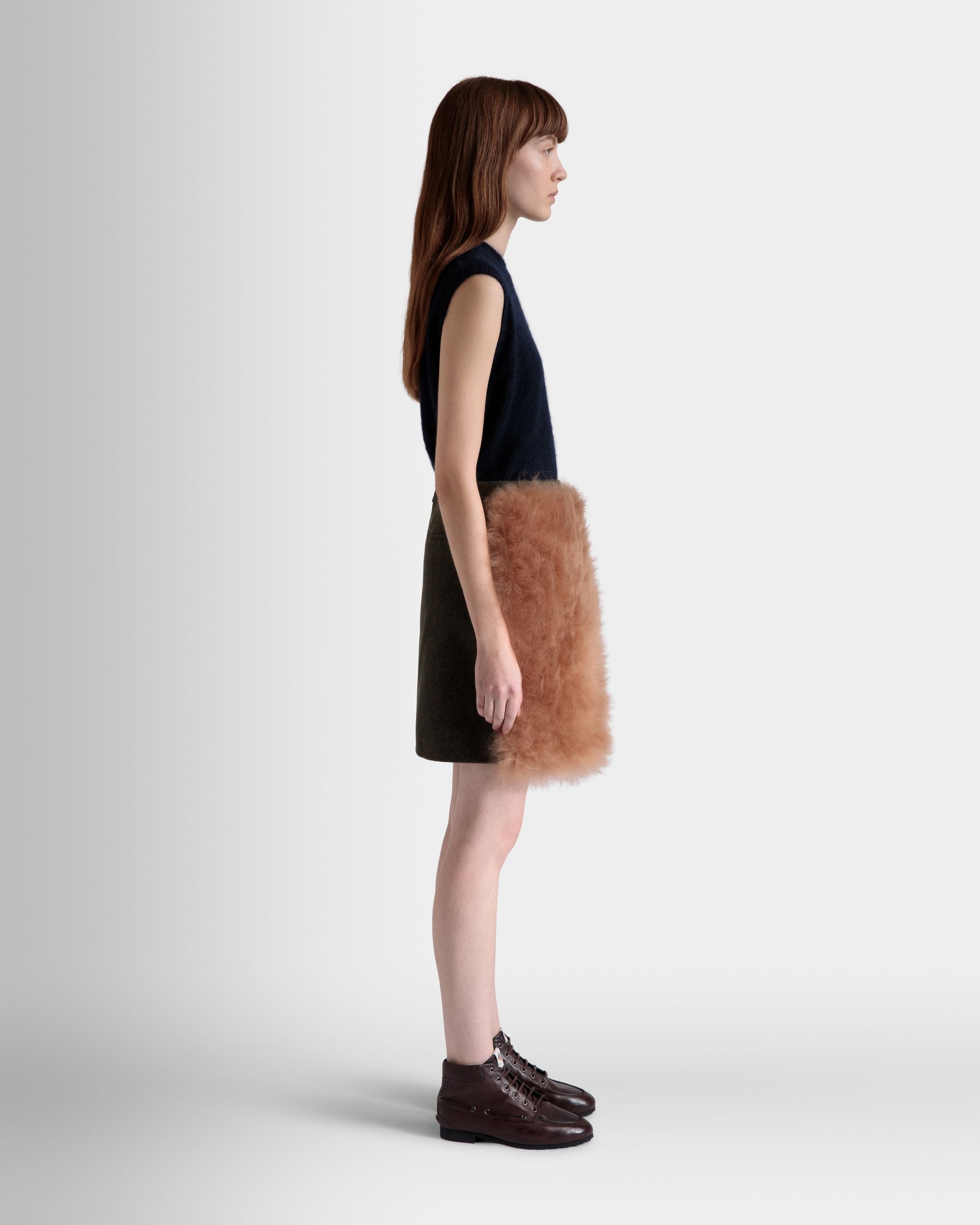 Minijupe En Laine Et Peau De Mouton Retourné Dark Green Et Praline Beige - Femme - Bally - 05