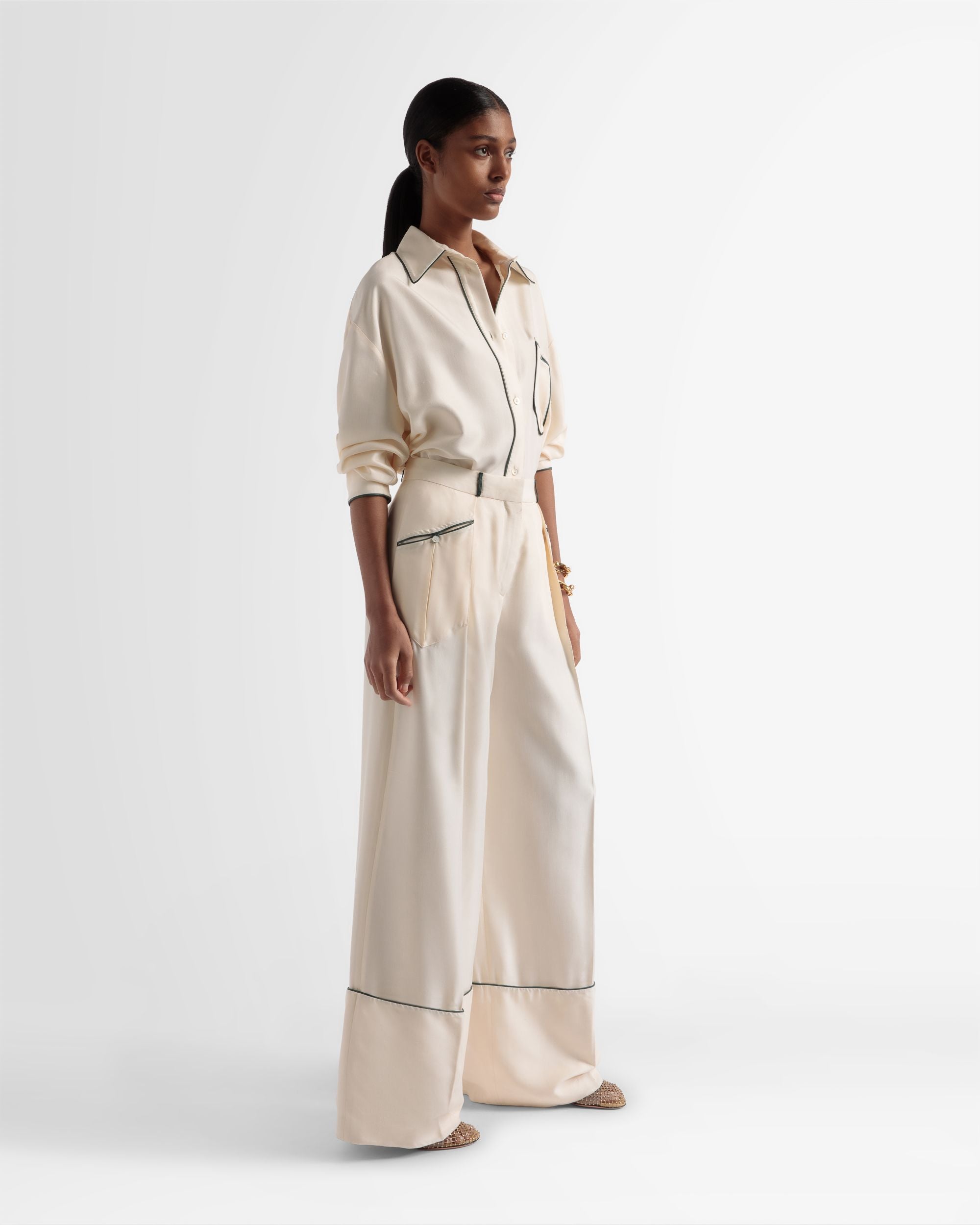 Pantalon En Soie À Jambe Large De Couleur Ivoire - Femme - Bally - 01